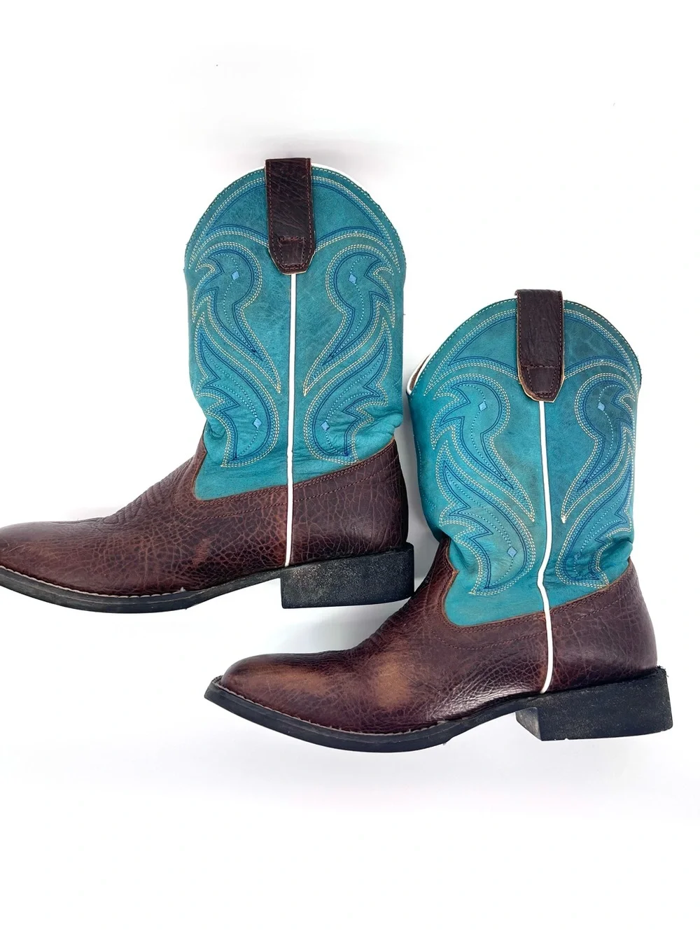 RANK 45 Boys' Connor Western Boots Sz 6 BROAD SQUARE TOE Blue Brown Cowboy Rodeo